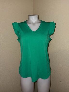 Adrienne Vittadini Emerald Green V-Neck Ruffle Sleeve Tank